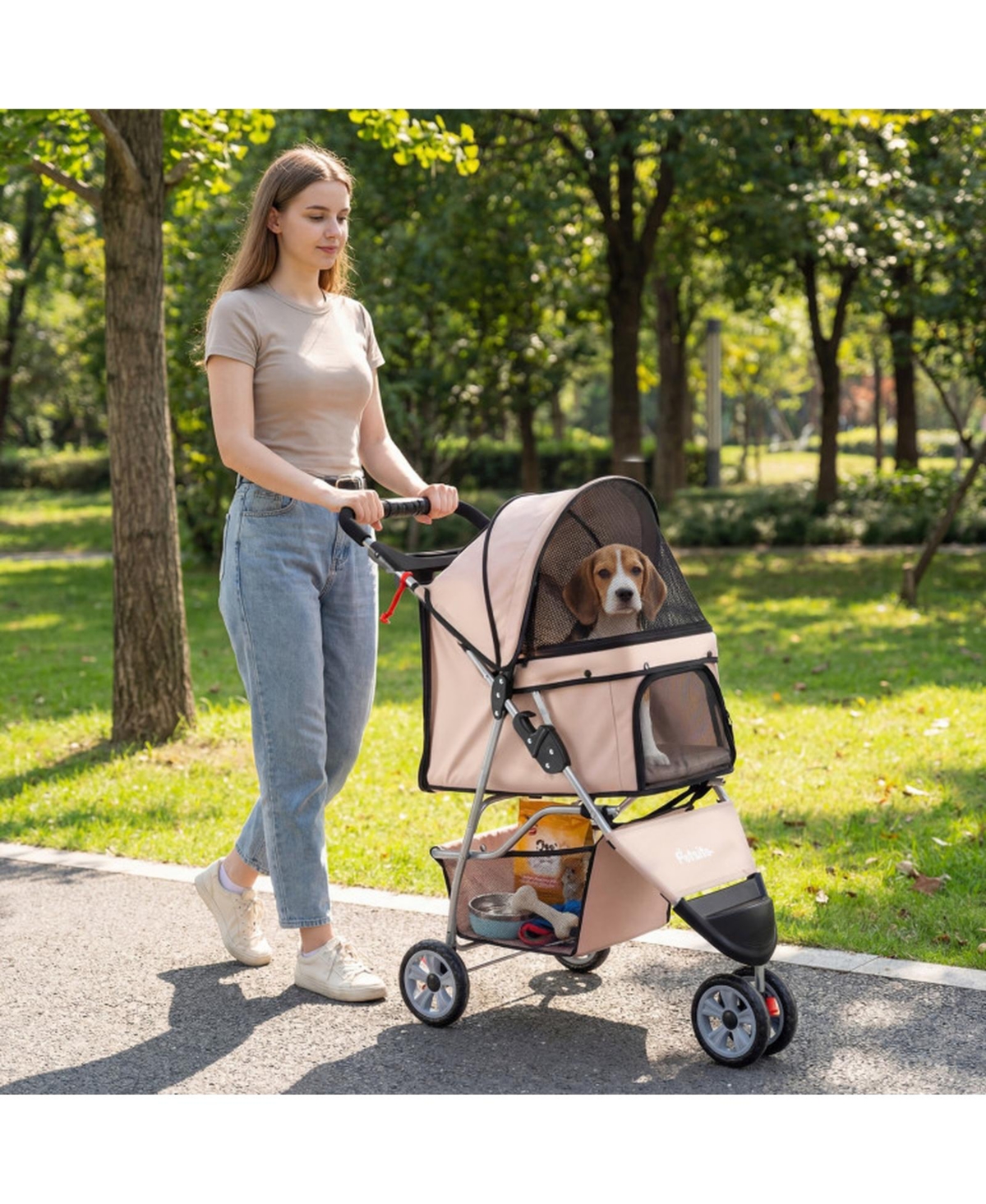 Sugift 3 Wheel Pet Stroller for Small Dogs and Cats with Adjustable Canopy and Storage Basket