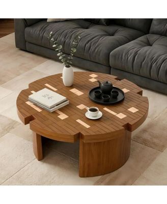 31.5" Mid-Century Mosaic Wooden Flower Petal Coffee Table