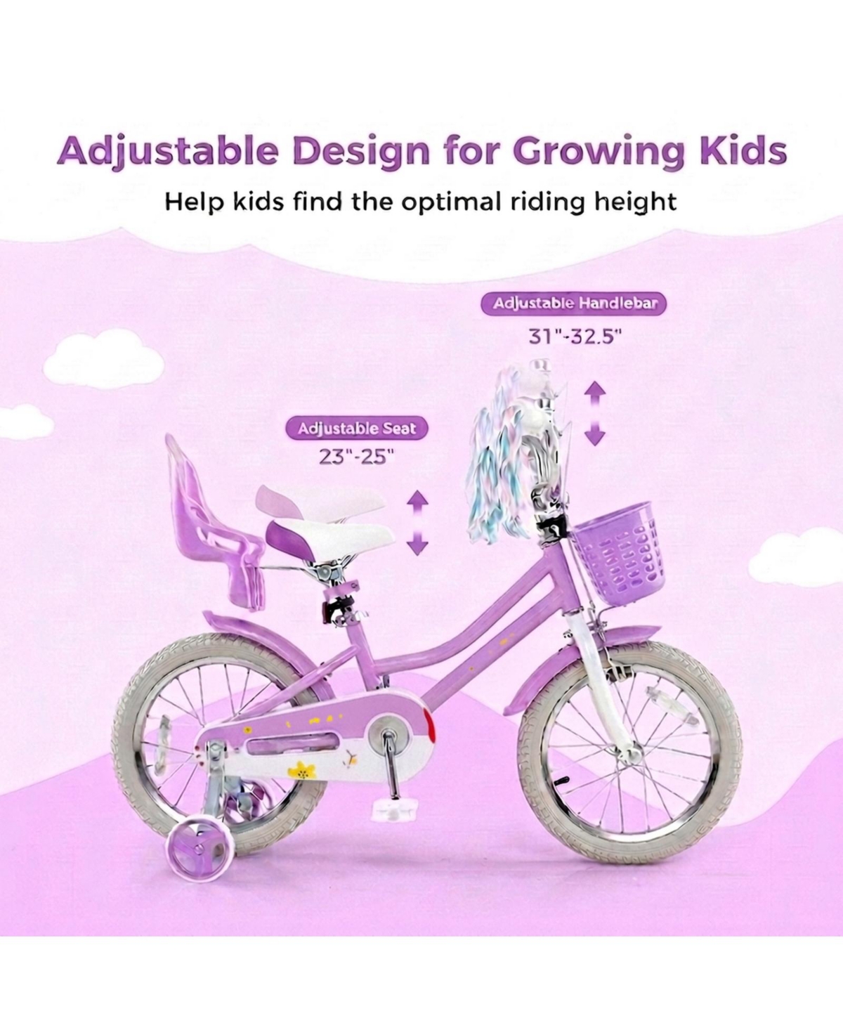 Hongge 16-Inch Girls Bike with Training Wheels, Dual Brake System and Doll Seat, Ages 4-7