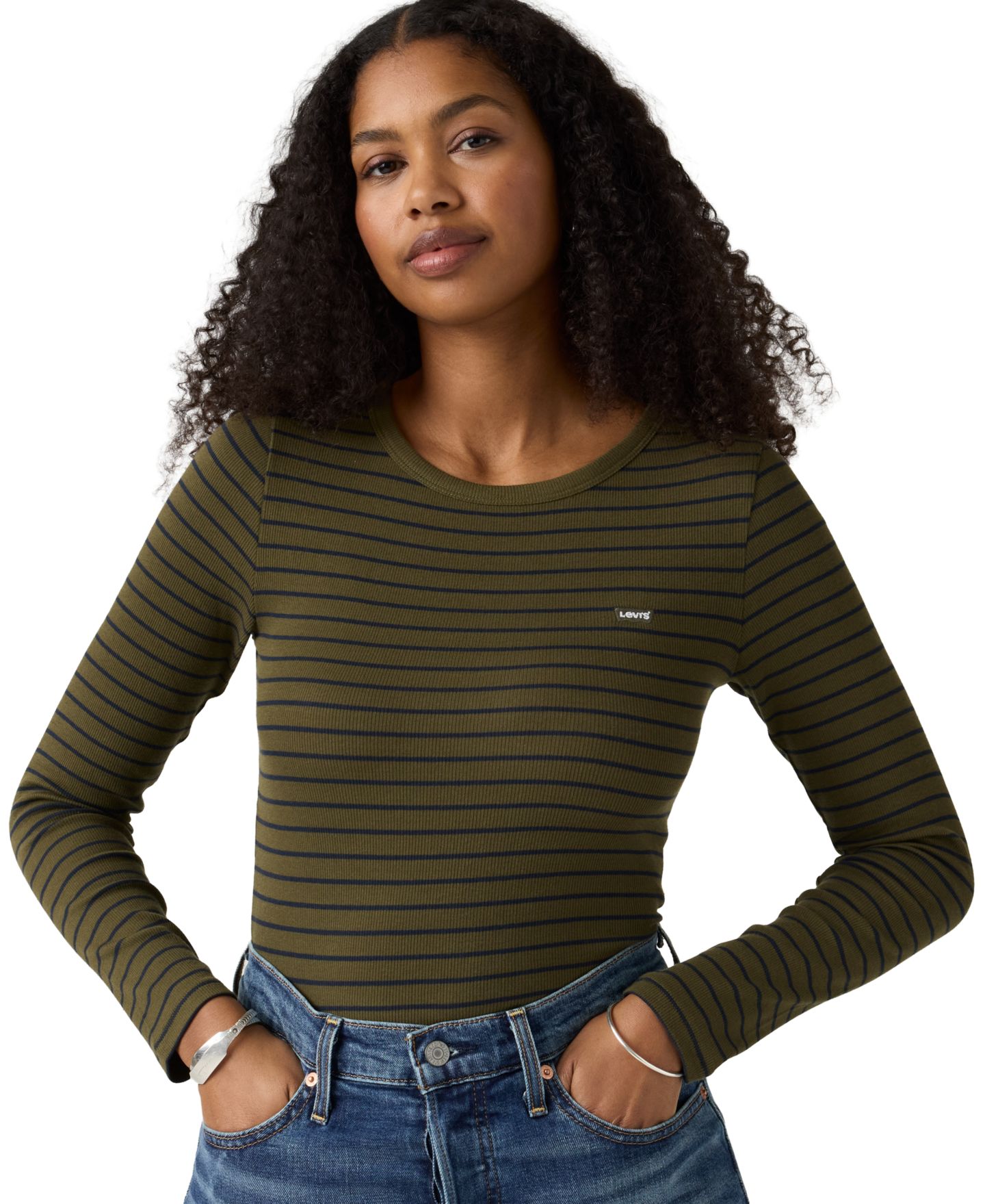 Женская футболка Levi's Hayes Long-Sleeve T-Shirt, цвет: Полосатый оливковый ночной — фото 1