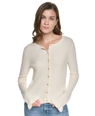 Petite Ribbed Knit Ruffle Trim Cardigan