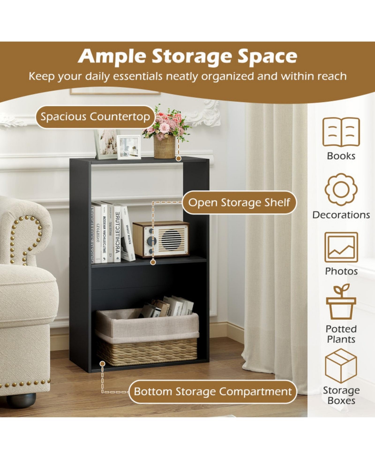 Sugift Set of 2 3-Tier Bookshelves with Open Storage Compartments Freestanding Display Shelving Units