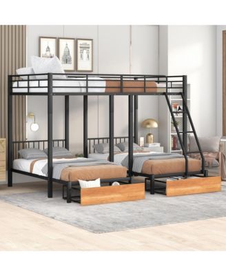 Full Over Twin and Twin Bunk Bed, Metal Triple Bunk Bed with Drawers and Guardrails