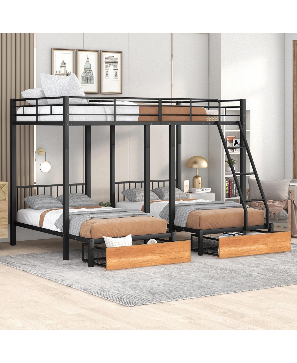 Clihome Full Over Twin and Twin Bunk Bed, Metal Triple Bunk Bed with Drawers and Guardrails