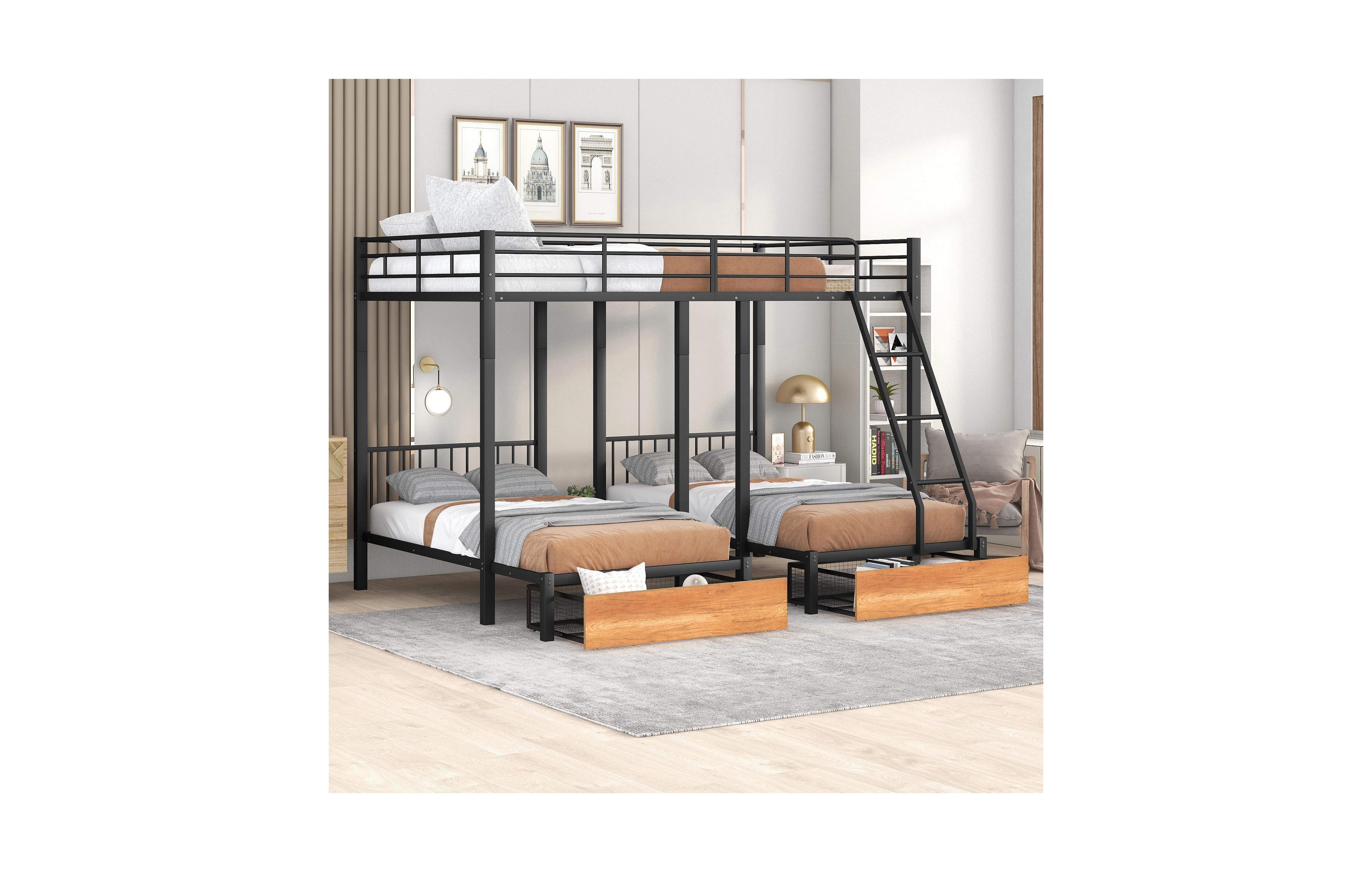 Clihome Full Over Twin and Twin Bunk Bed, Metal Triple Bunk Bed with Drawers and Guardrails