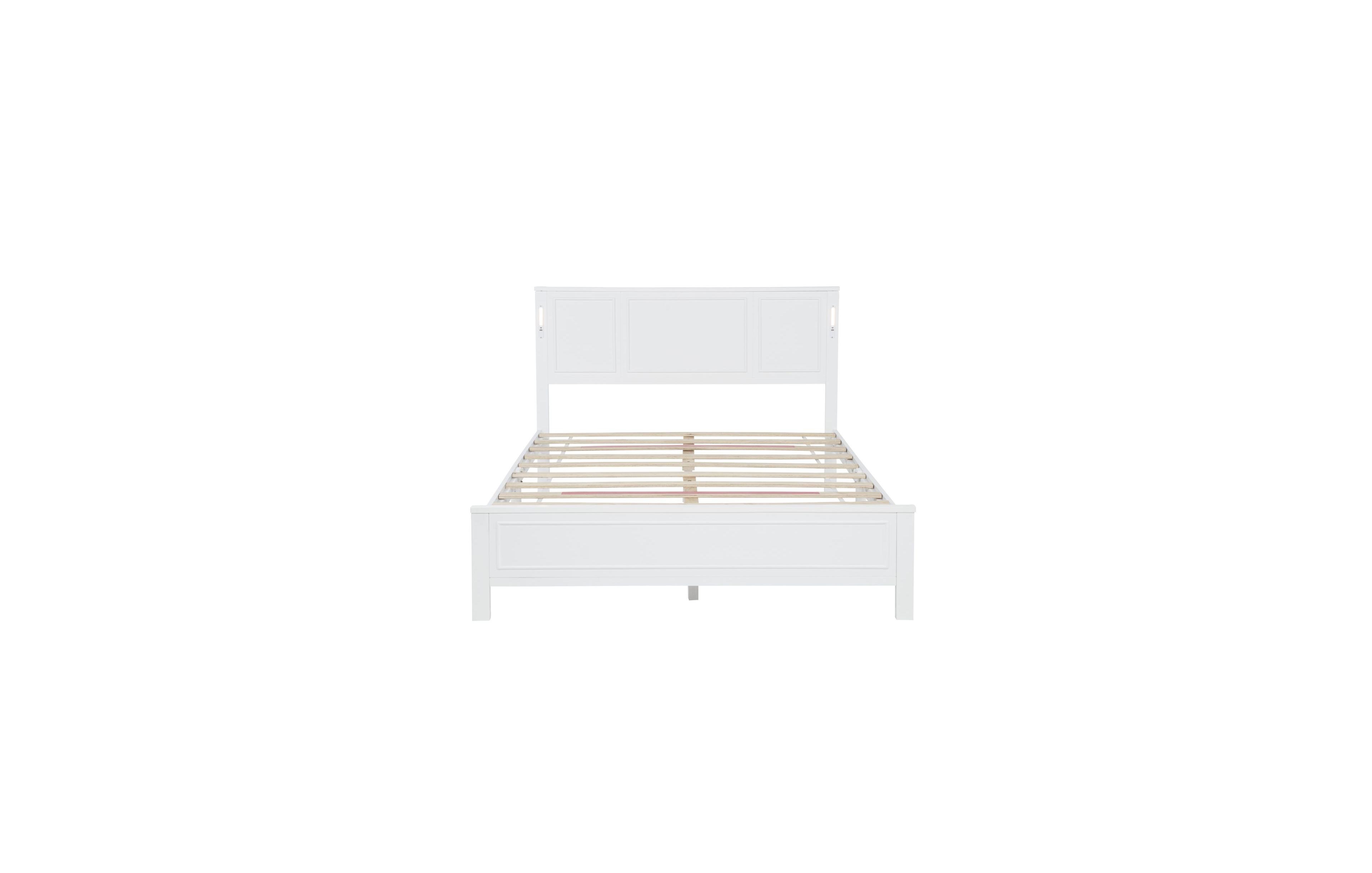 Clihome Queen Size Bed with Tall-Panel Headboard and Footboard, Built-in Led Lights, Usb Charging Station