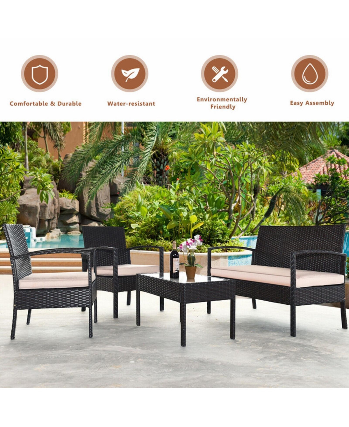 Sugift 4-Piece Patio Rattan Conversation Set with Loveseat 2 Chairs and Coffee Table