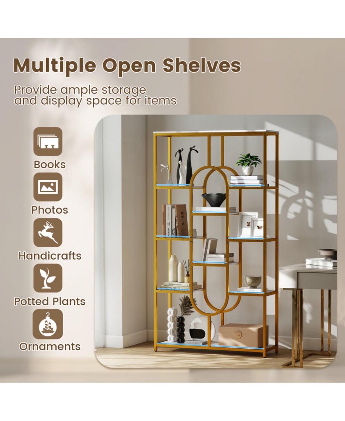 Sugift 5-Tier Tall Etagere Bookcase with Open Shelves and Powder-Coated Metal Frame
