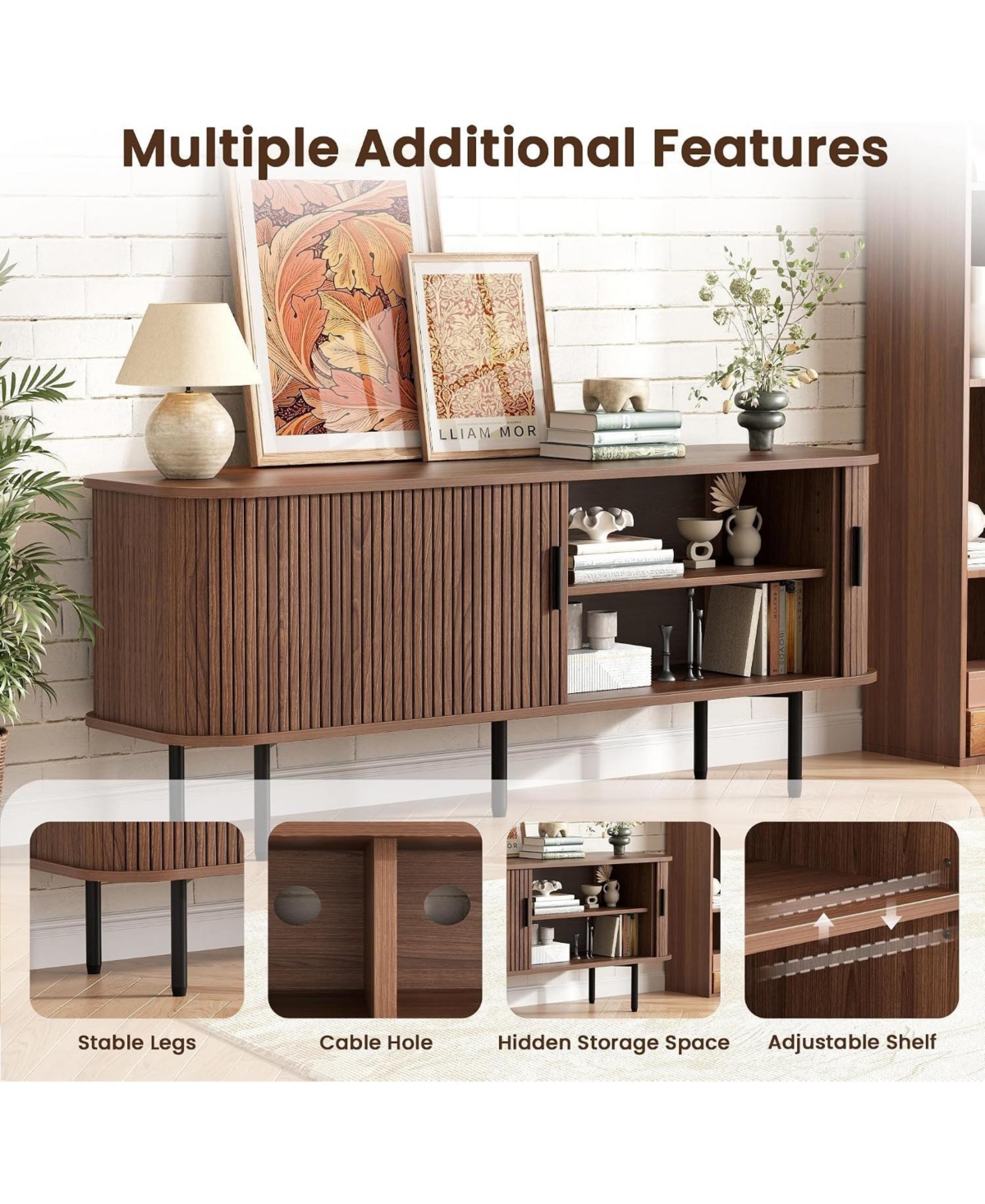 Vabches 55" W Fluted Tv Stand Buffet Sideboard Cabinet for 60" TVs with Doors and Storage for Living Room