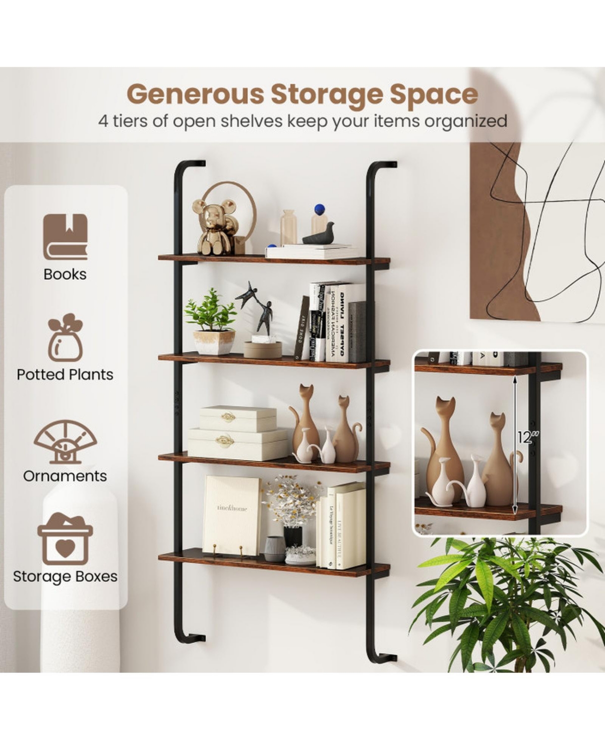 Sugift 4-Tier Wall-Mounted Industrial Pipe Shelving with Metal Frame for Living Room and Kitchen