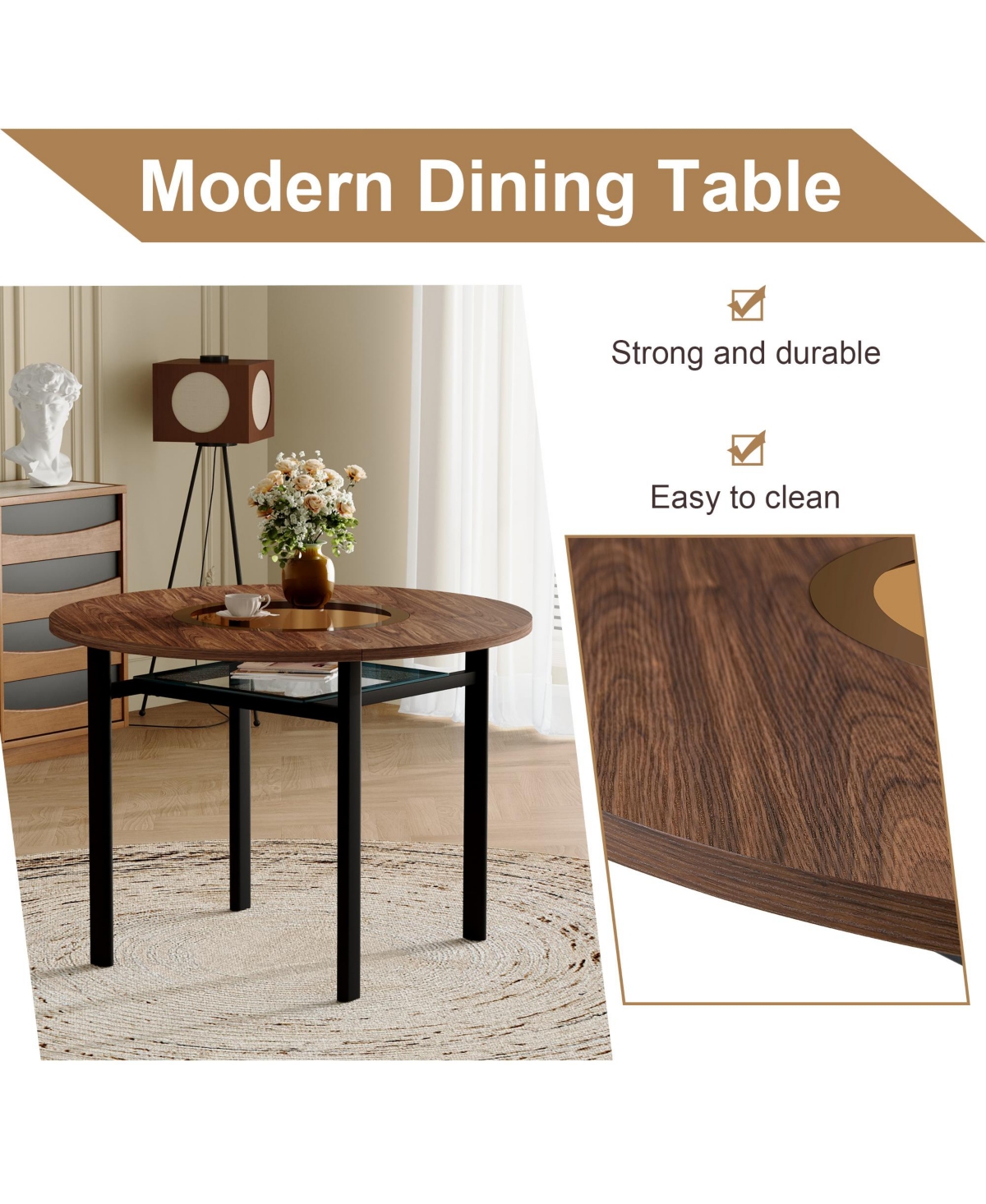 Flynama Round Wood Grain Dining Table with Glass Inlay and Glass Shelf
