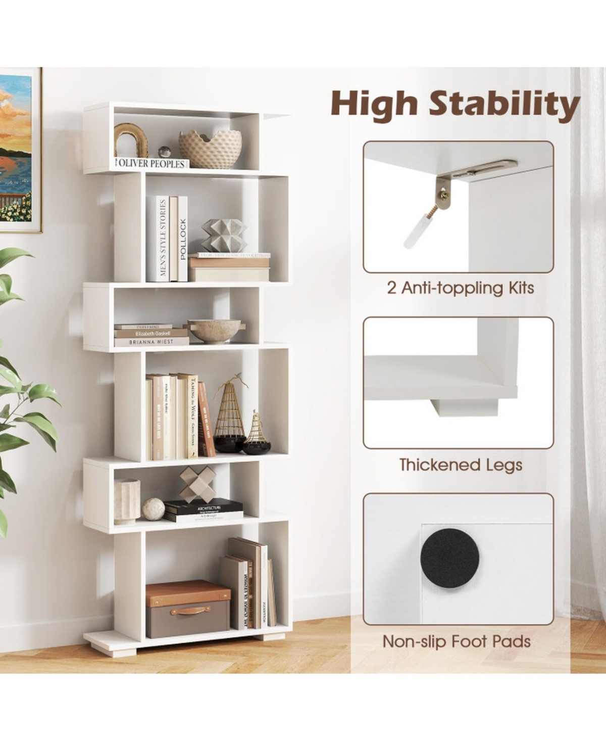 Sugift 6-Tier Geometric S-Shaped Bookshelf with 2 Anti-Tipping Kits for Home Office
