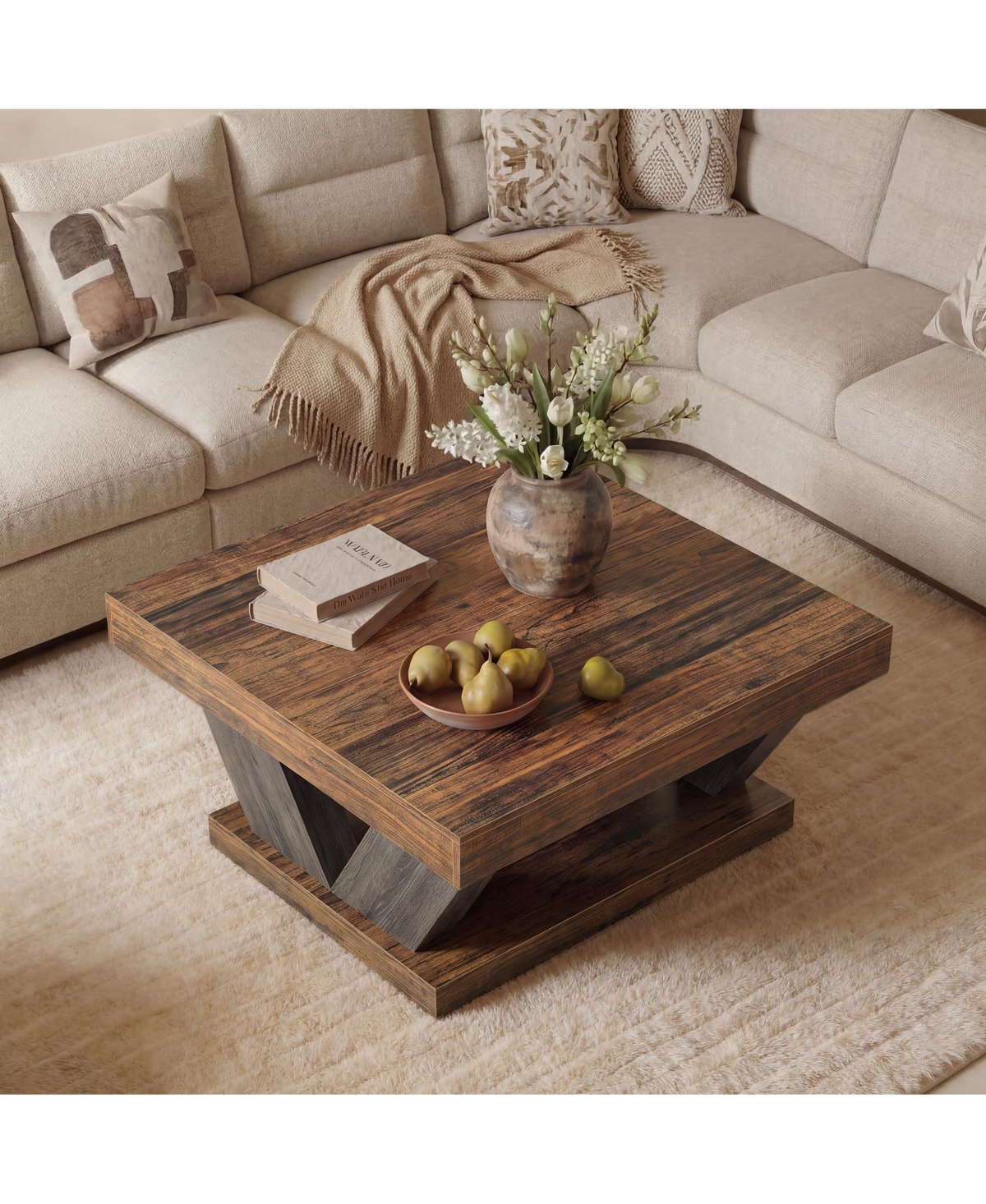 Tribesigns 2-Tier Rustic Wood Coffee Table, Farmhouse Square, Large