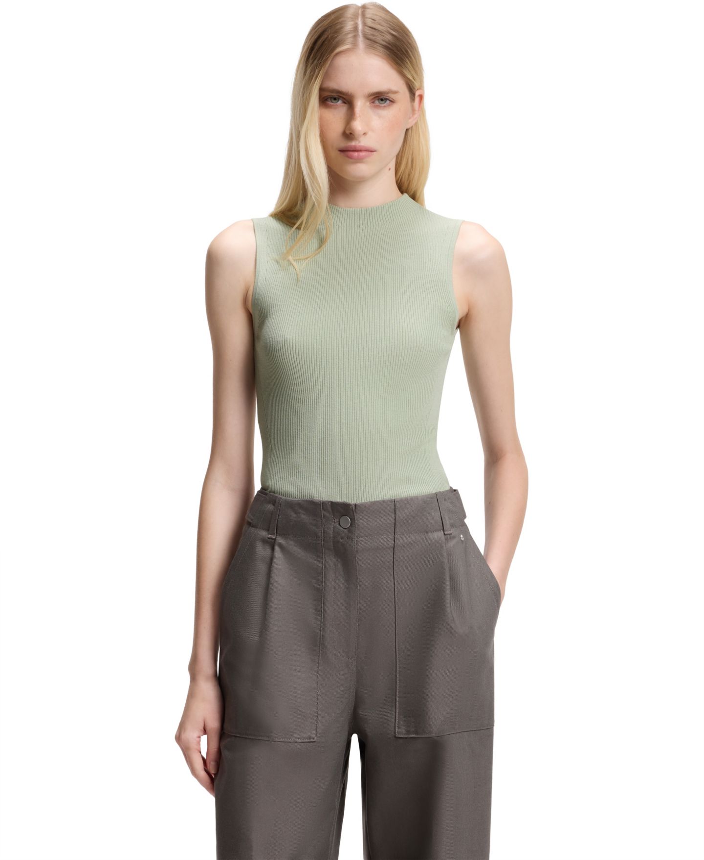 Женский топ Hugo Boss BOSS by Feskies Ribbed-Knit Mock-Neck Sleeveless, цвет: Зелёный — фото 1