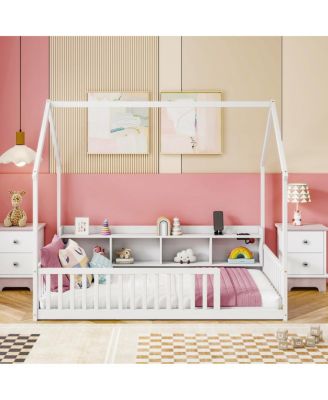  Twin House Floor Bed with Storage, LED and Charging Station