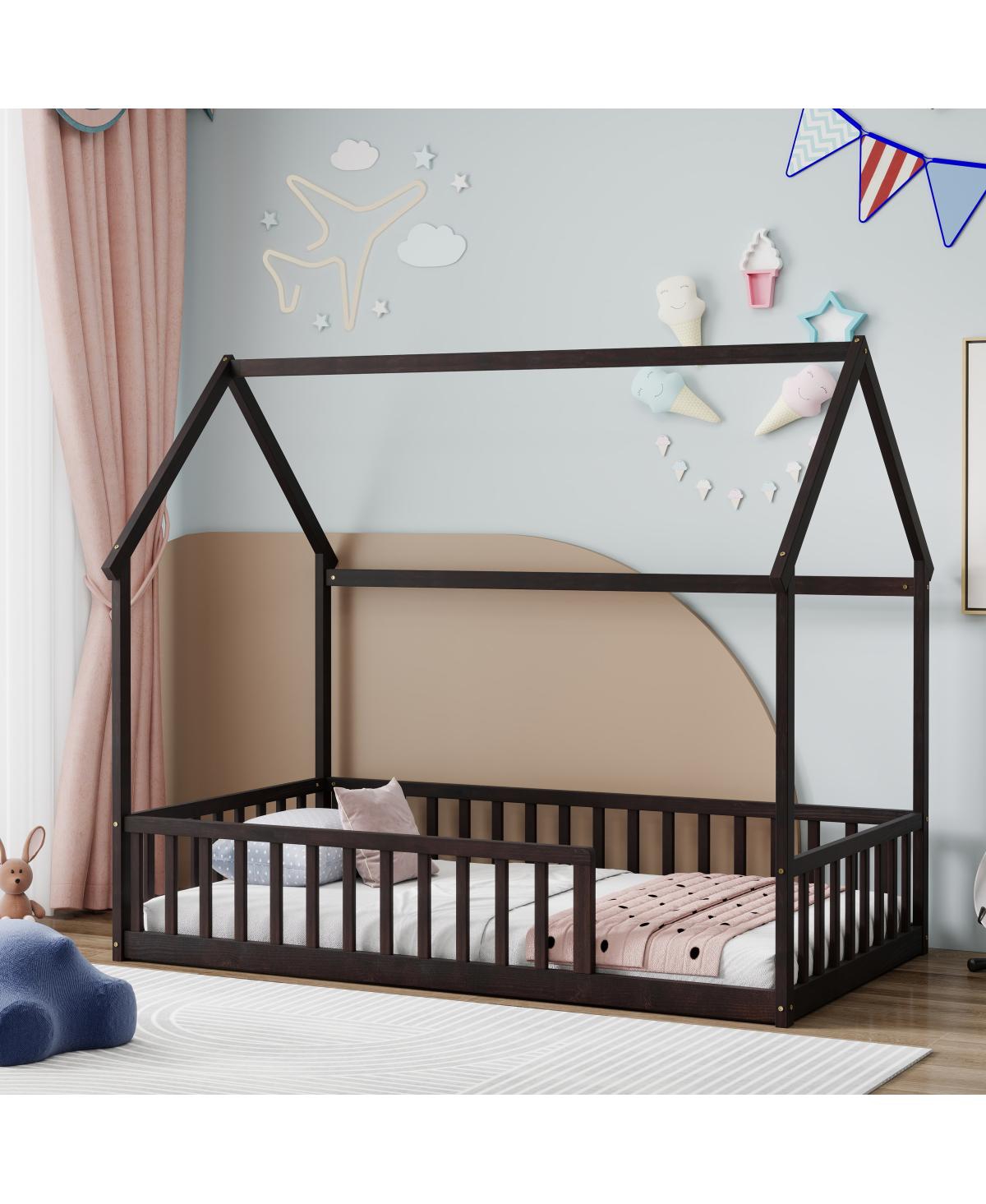Streamdale Furniture Twin Wood House Floor Bed with Guardrails