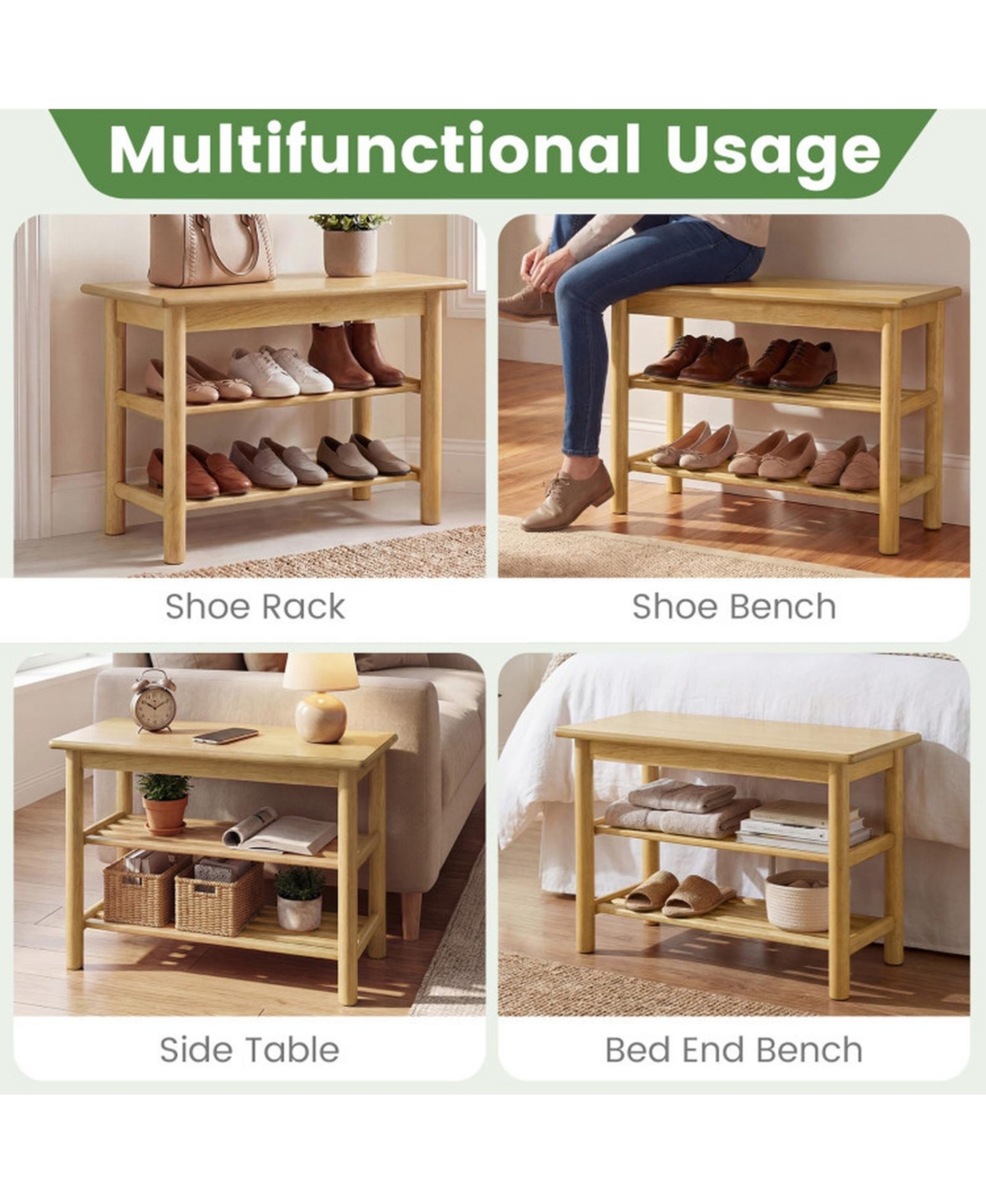 Sugift 3-Tier Rubberwood Shoe Rack Bench with Slatted Shelves and 485 Pound Seat