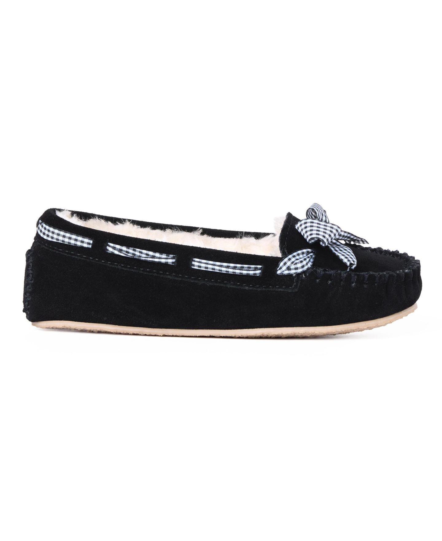 Женские тапочки Minnetonka Cally Suede Gingham Ribbon Slippers, цвет: Чёрный — фото 4