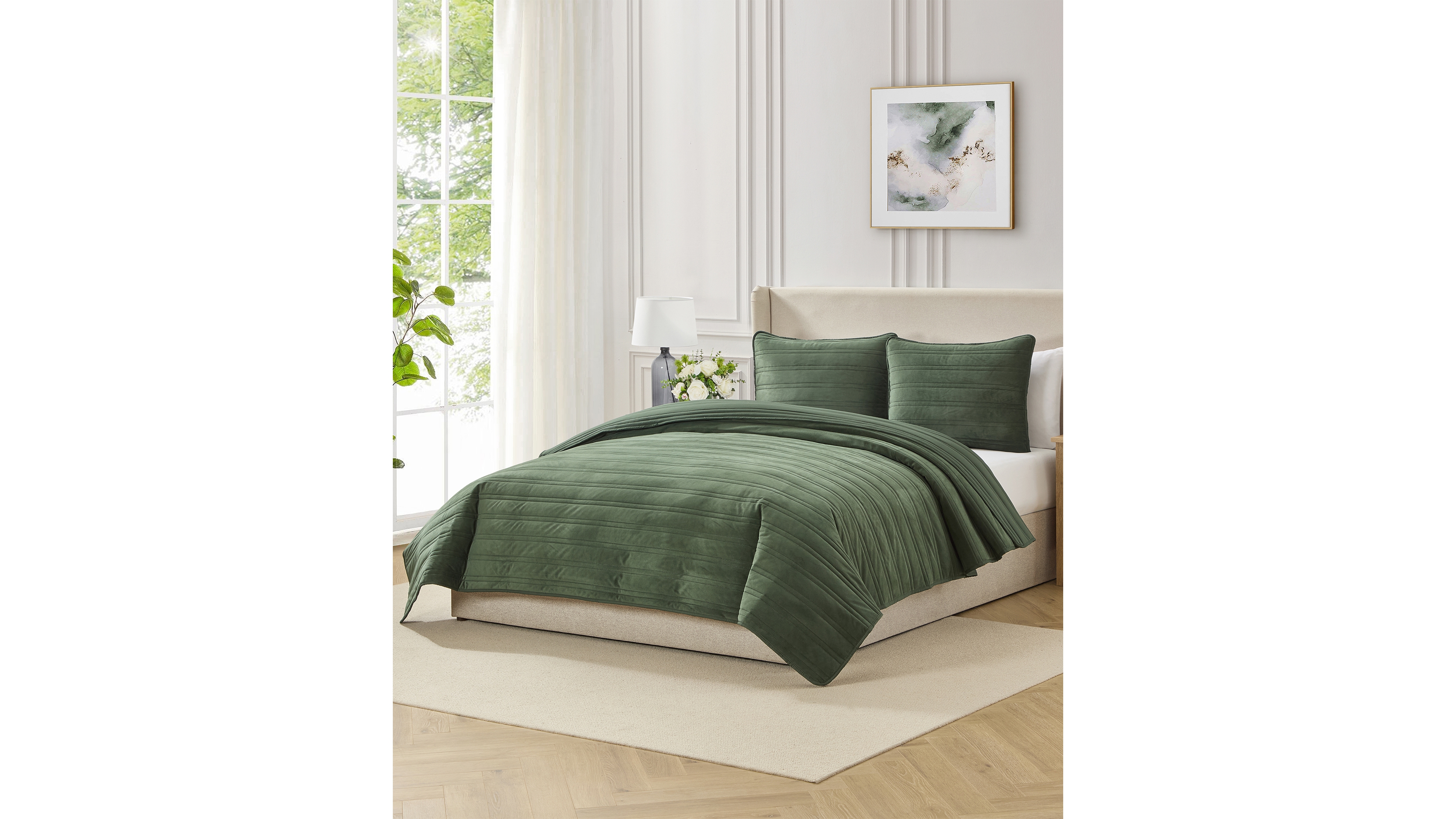 Evergreen Ivy Pinsonic Stripe Solid Mink 2-Piece Quilt Set, Twin