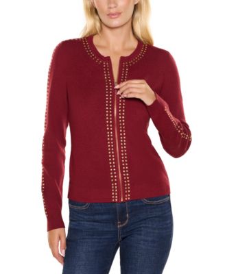 Women's Black Label Crewneck Embellished Zip Cardigan Sweater