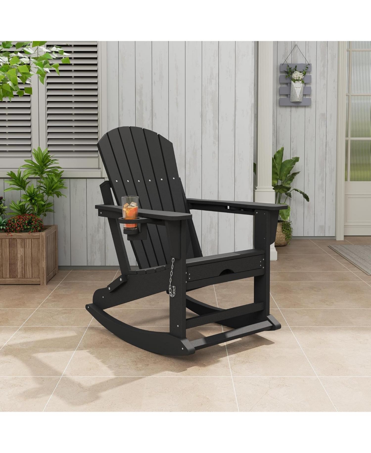 homfan Folding Hdpe Adirondack Rocking Chair with Cup Holders and Retractable Ottoman – Weather-Resistant Collapsible Outdoor Patio Lawn