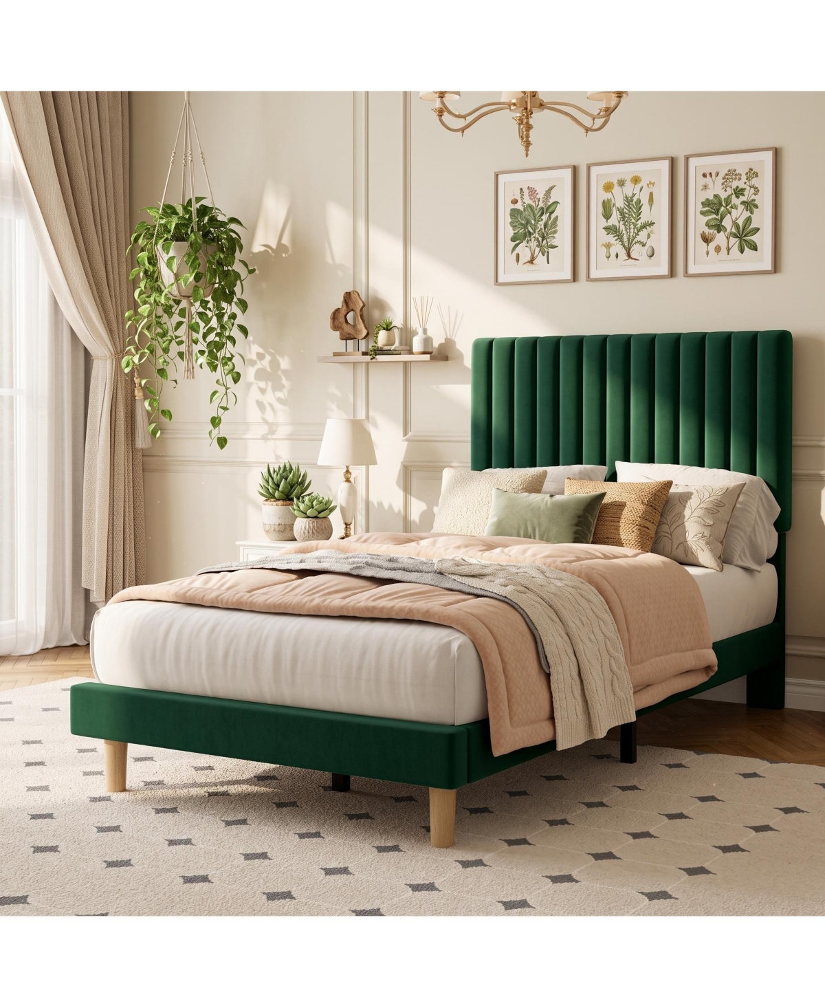 Gaomon Velvet Upholstered Platform Bed Frame with Adjustable Headboard, Vertical Channel Tufted