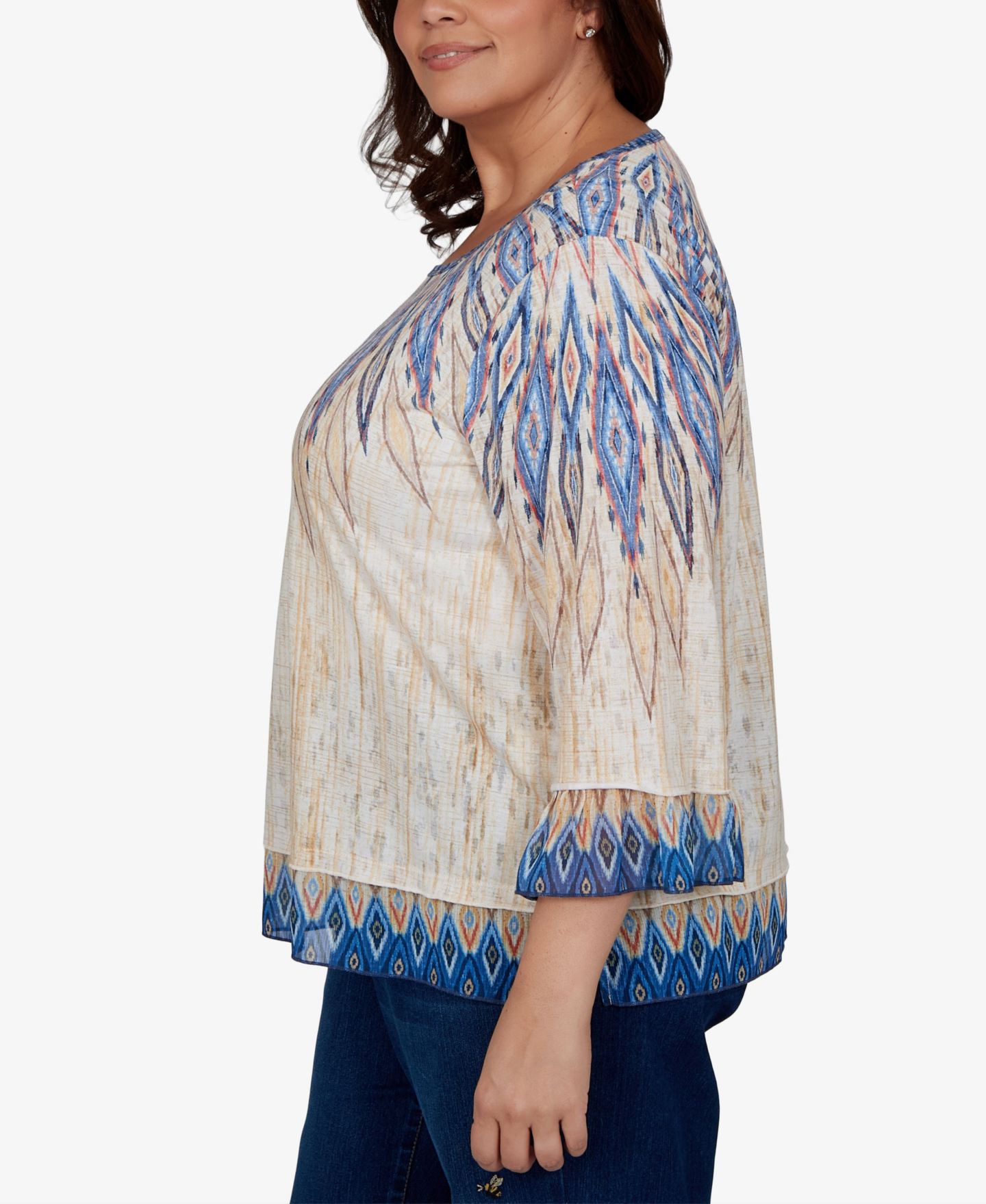 Женская блузка Alfred Dunner Plus Size Ikat-Print Scoop-Neck 3/4-Sleeve, цвет: Синий разноцветный — фото 4