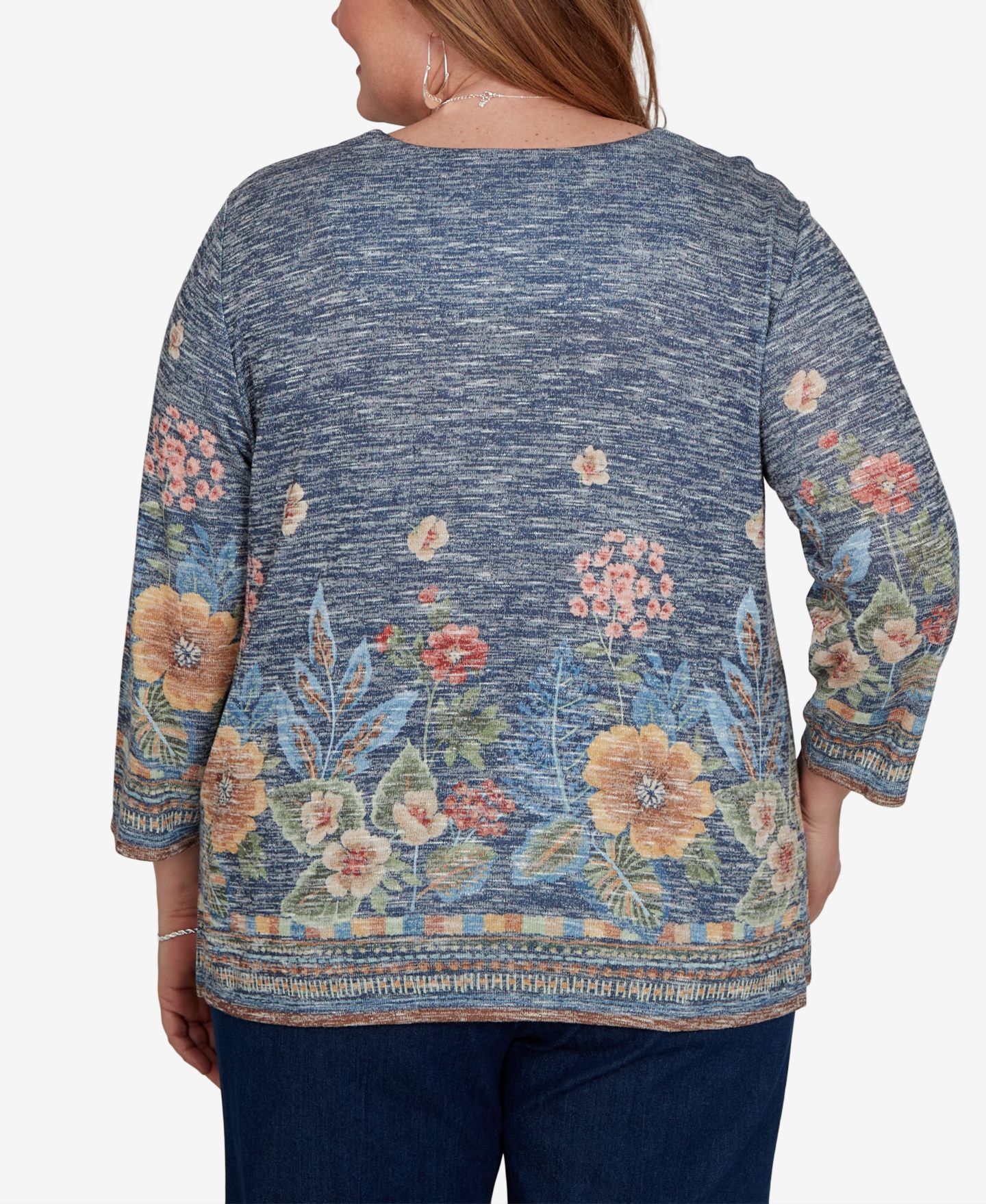 Женский топ Alfred Dunner Plus Size Floral 3/4-Sleeve Square-Neck, цвет: Джинсовый — фото 6