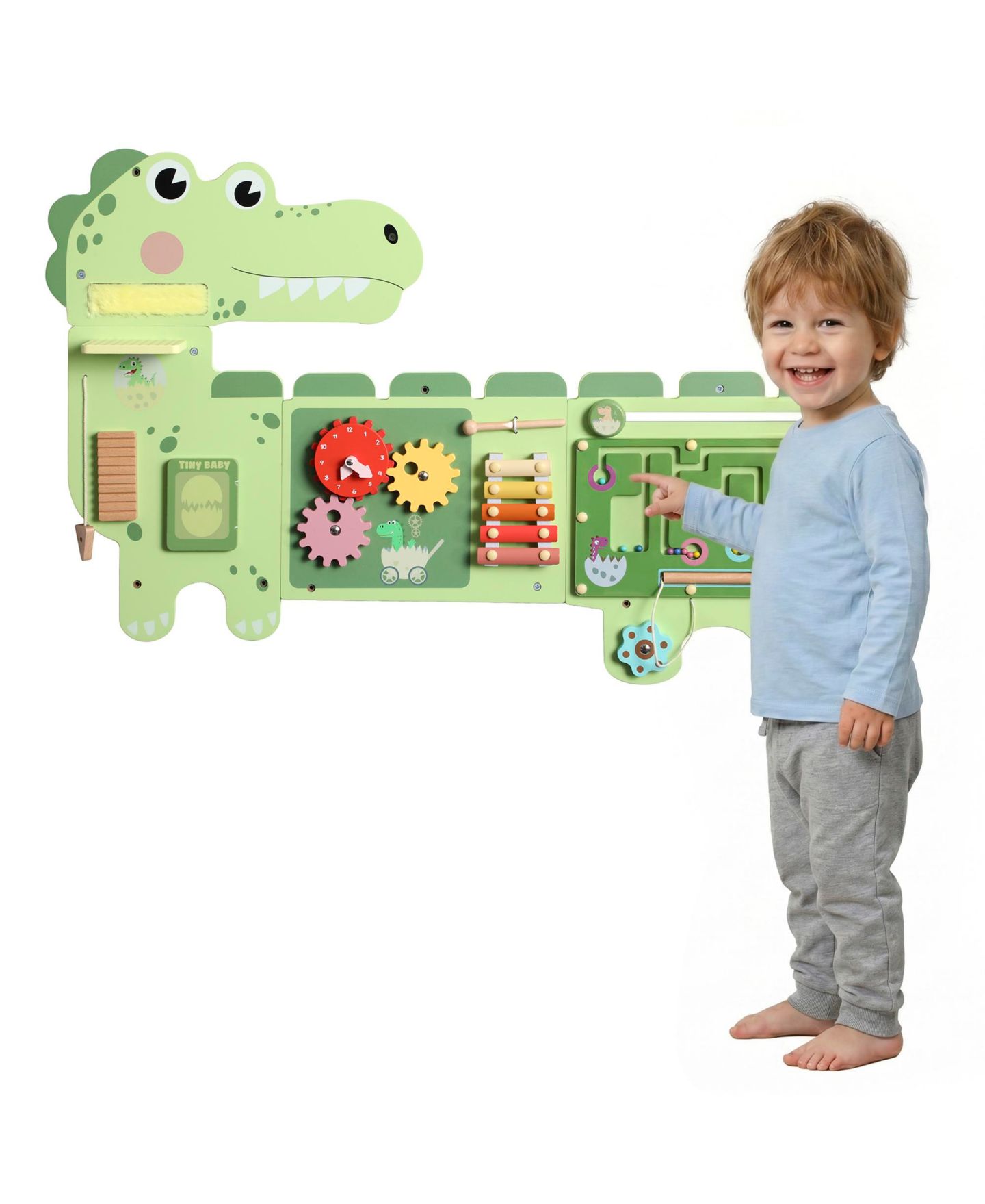 Детская игрушка Qaba Dinosaur Wall-Mounted Busy Board, Music and Sensory Learning, Ages 2+, цвет: Зелёный — фото 1