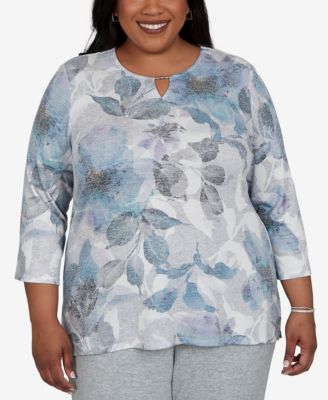 Plus Size Floral-Print 3/4-Sleeve T-Shirt