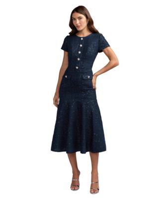 Women's Sequin Tweed Short-Sleeve A-Line Midi Dress