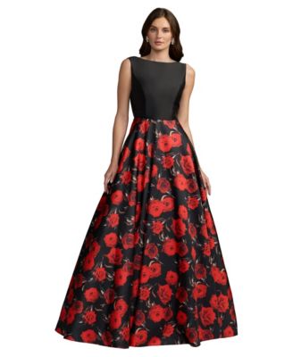 Women's Petite Floral-Print Mikado Open-Back Ball Gown