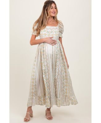 Women's Peach Floral Puff Sleeve Lace Trim Maxi Dress