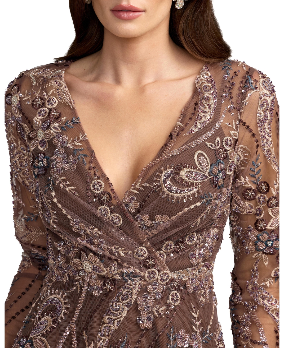 Mac Duggal Petite Floral Embroidered V-Neck Long Sleeve Midi Dress