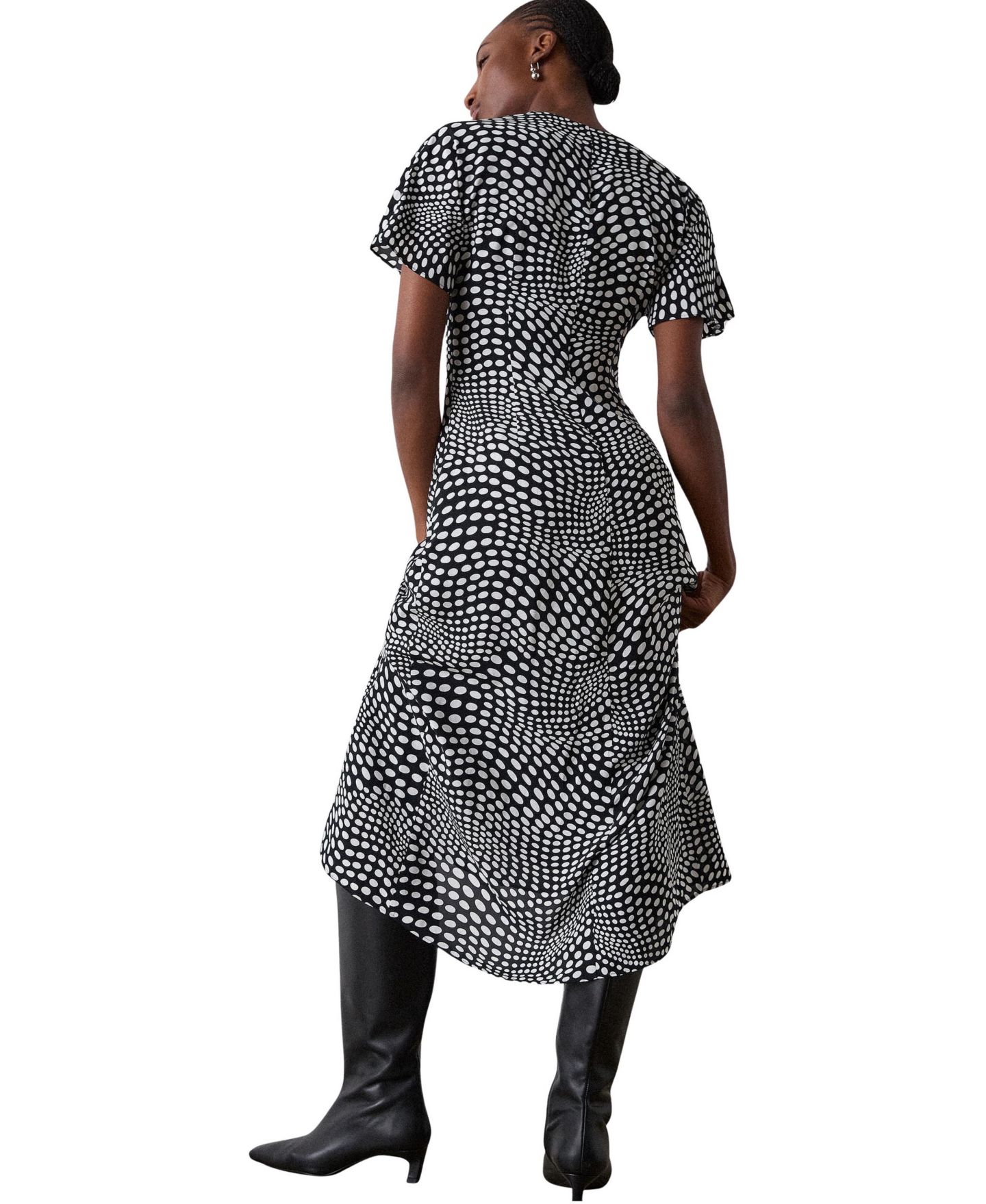 Женское платье Whistles Mixed Dot Scarf Polka-Dot Tie-Neck Short-Sleeve Midi, цвет: Чёрный / Белый — фото 3