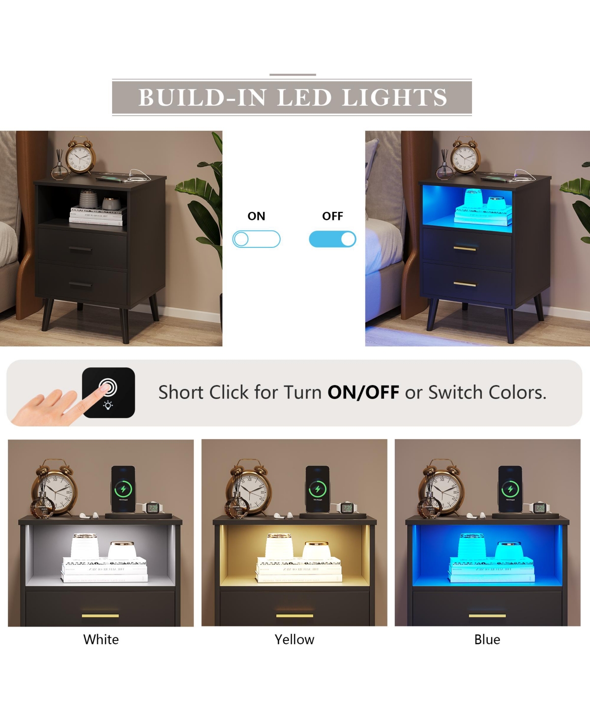 Vlsrka Set of 2 17.7" W 2-Drawer Led Nightstands