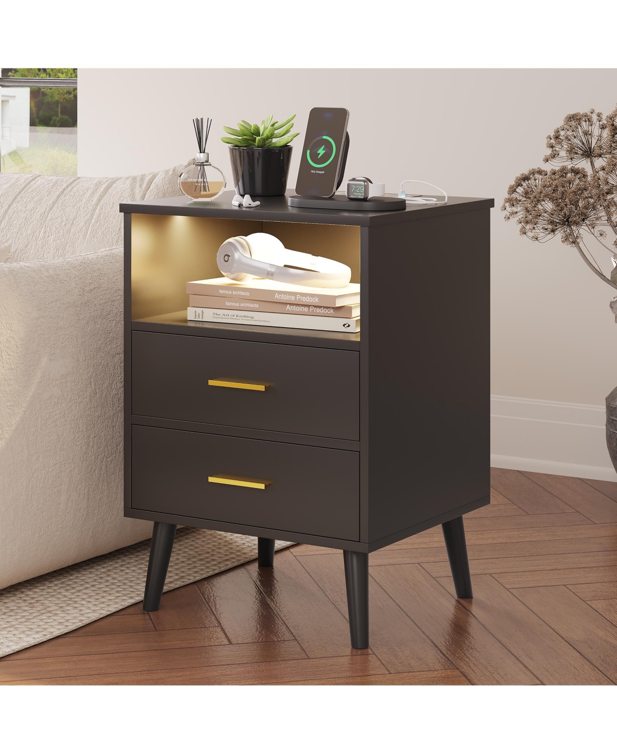 Vlsrka 17.7" W Smart Led Nightstand with 2 Drawers