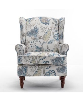 Modern Floral Accent Chair with Wood Legs and Upholstered Armchair