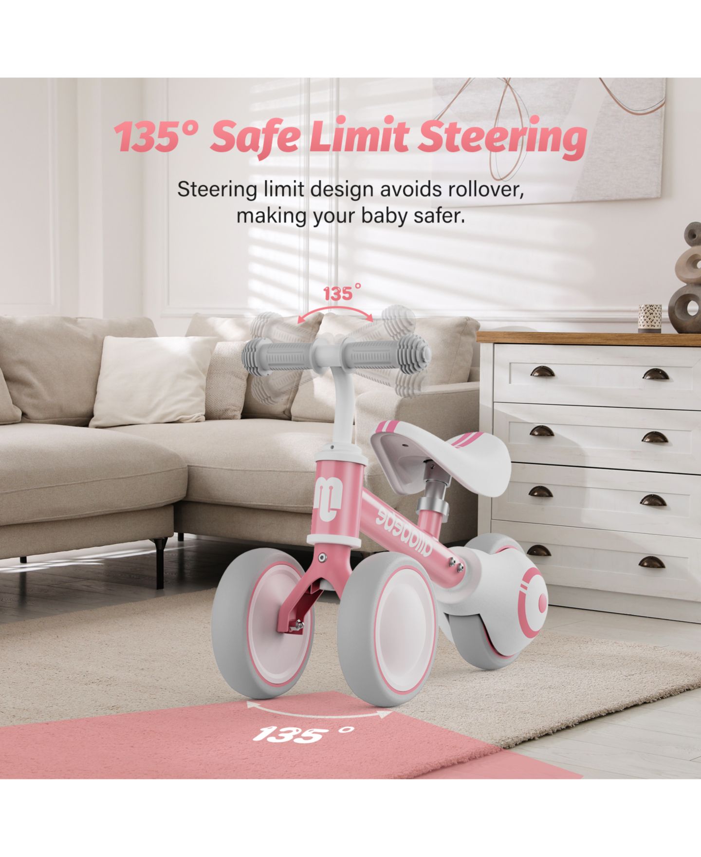 Детская игрушка Allobebe Baby 3-Wheel Balance Bike with Adjustable Seat and Silent Wheels, Ages 1-3, цвет: Красный розовый — фото 2