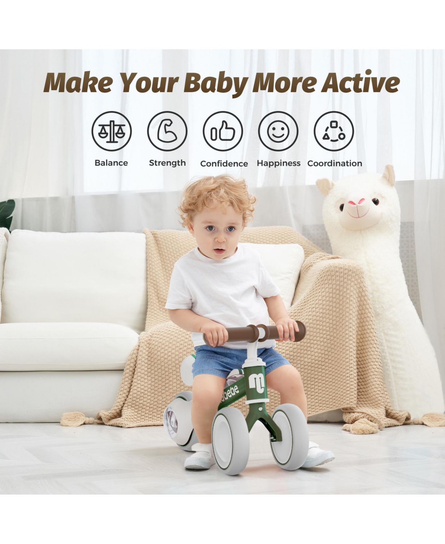 Детская игрушка Allobebe Baby Balance Bike with Adjustable Seat and Silent Wheels, 3-Wheel Ride-On, Ages 1-3, цвет: Зелёный — фото 4