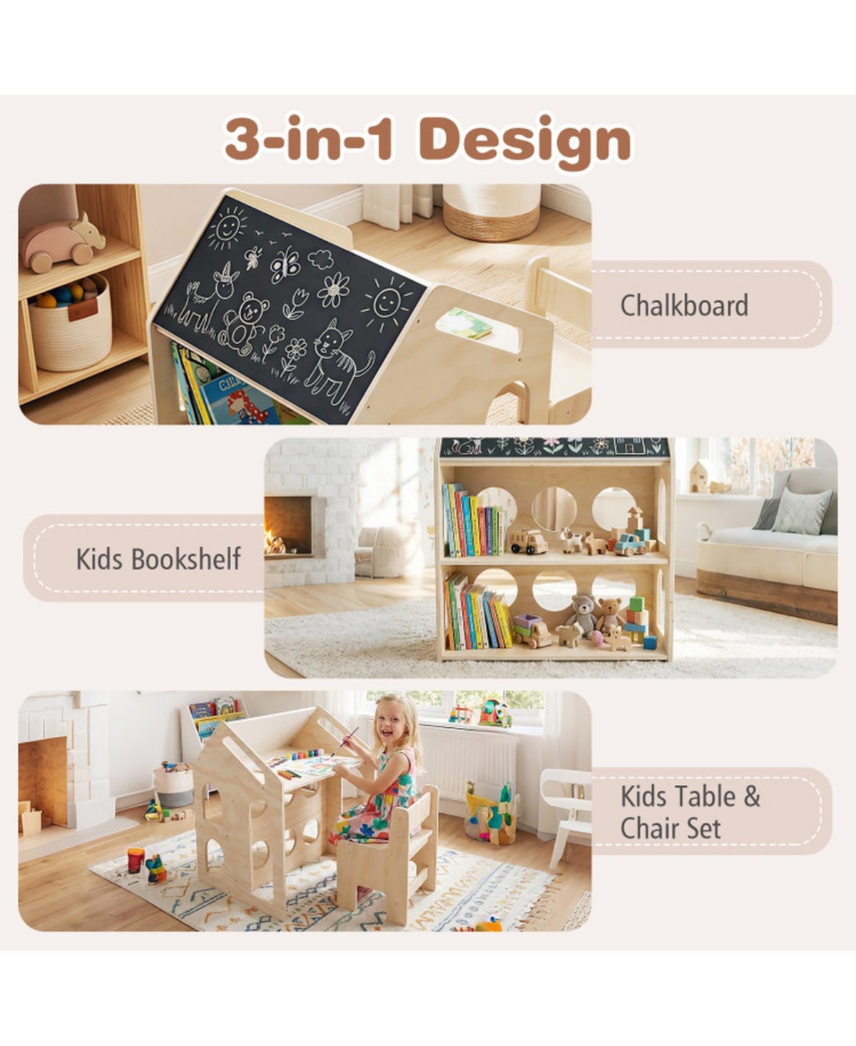 Sugift House Shaped Wooden Kids Table and Chair Set 3-in-1 Activity Desk with Chalkboard and Bookshelf