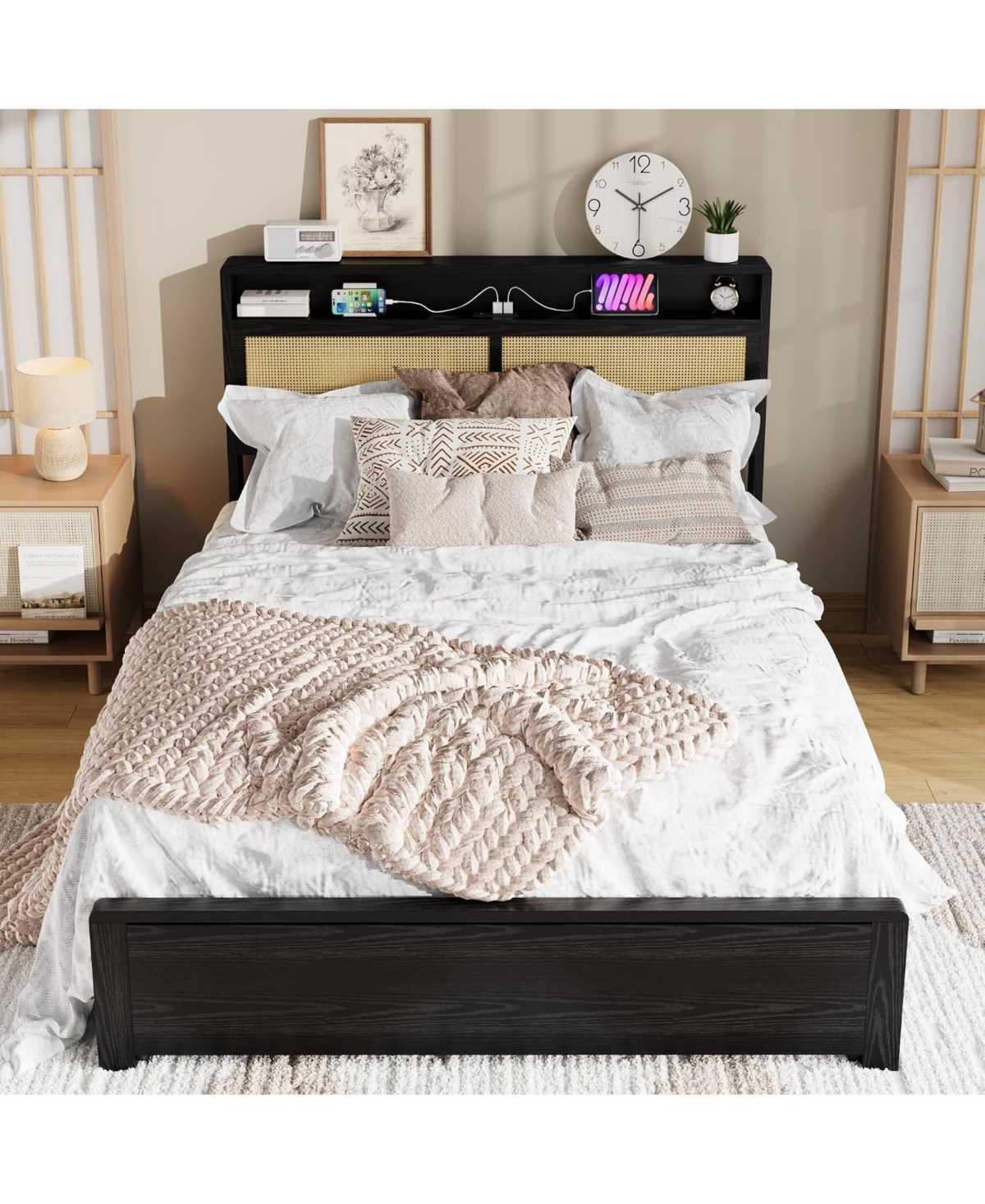 gaomon Rattan Bed Frame with Storage Drawer and Led Lights, Platform Charging Station, Headboard Shelf, Cane Panels