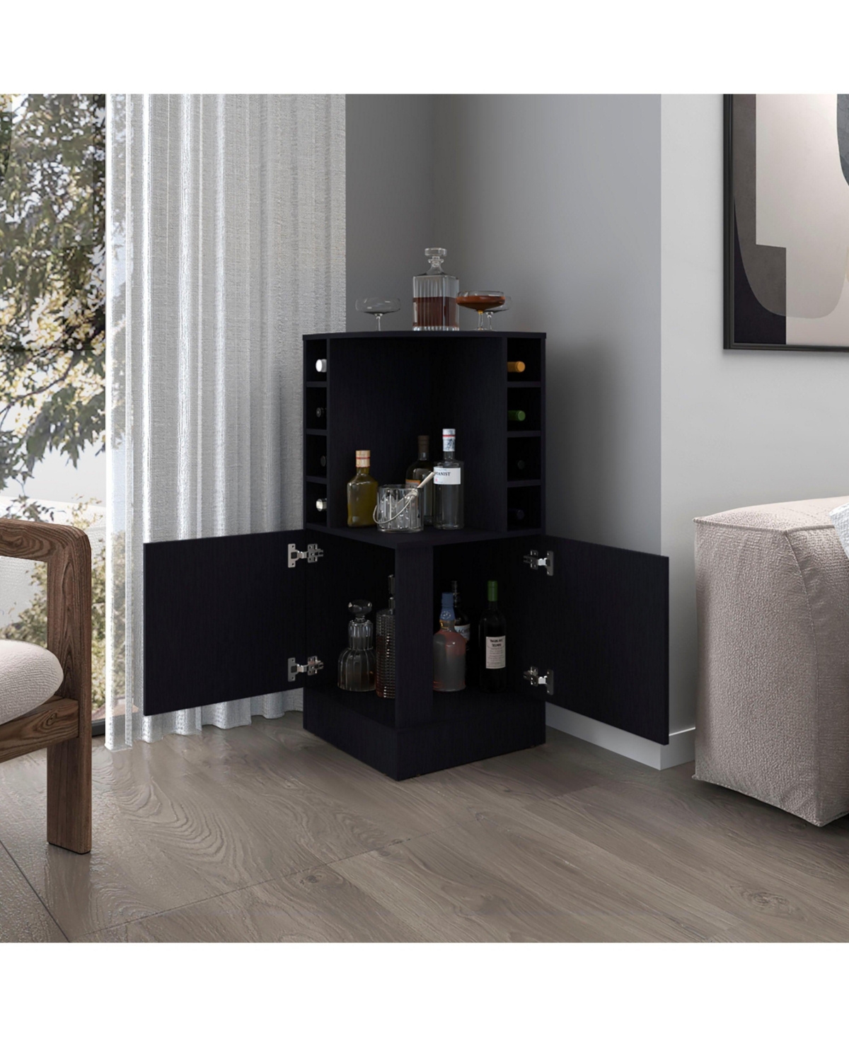 Fm Furniture Toyei Corner Bar Cabinet with Bottle Rack, Open Shelves, and Hidden Storage