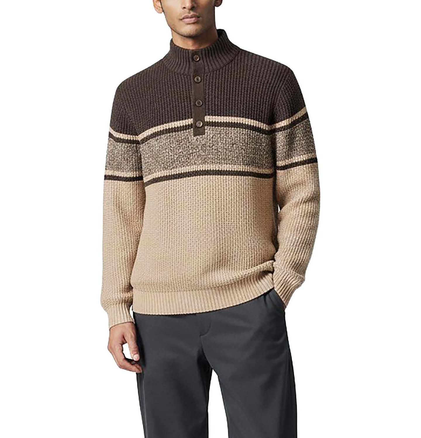 Мужской свитер Hope & Henry Organic Mock Neck Waffle, цвет: Верблюжий / Шоколадный — фото 1