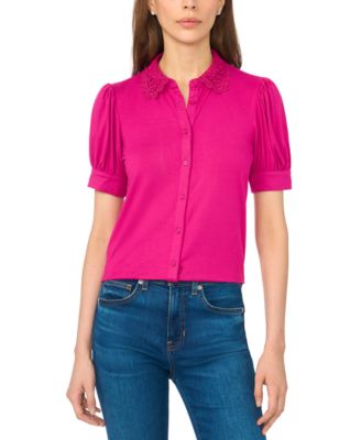 Women's Short Puff-Sleeve Scallop-Trim Button-Up Blouse