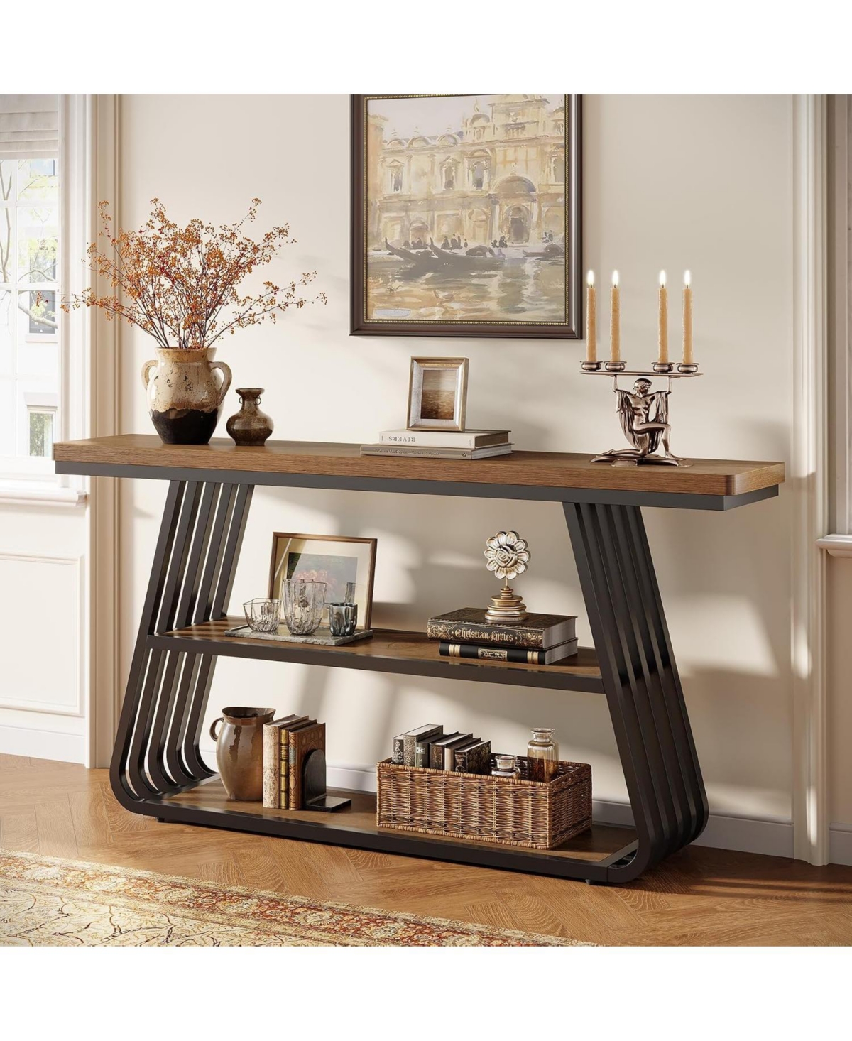 Tribesigns 55" Entryway Table with Shelves 3-Tier Console Table With Iron Frame Wooden Entry Table For Living Room,Foyer,Hallway.Industrial Style