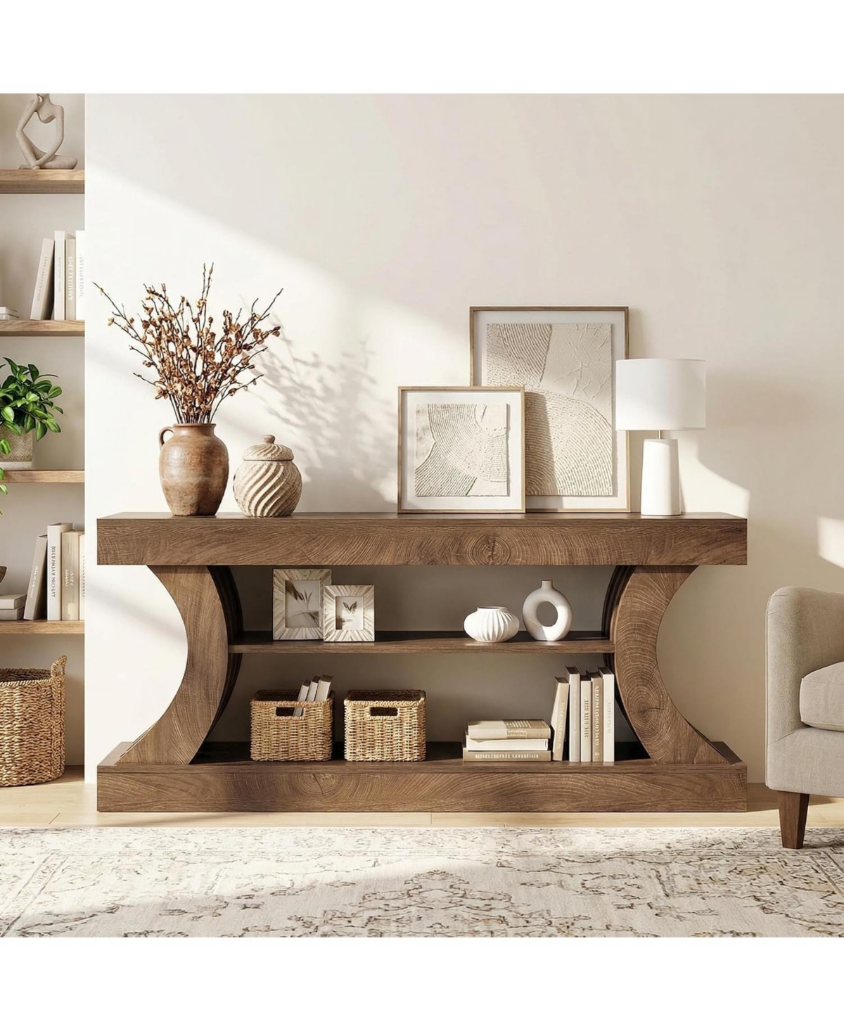 Tribesigns 63-Inch Farmhouse Entryway Console Table with Storage, Tv Console with Curved Design for Living Room, Bedroom