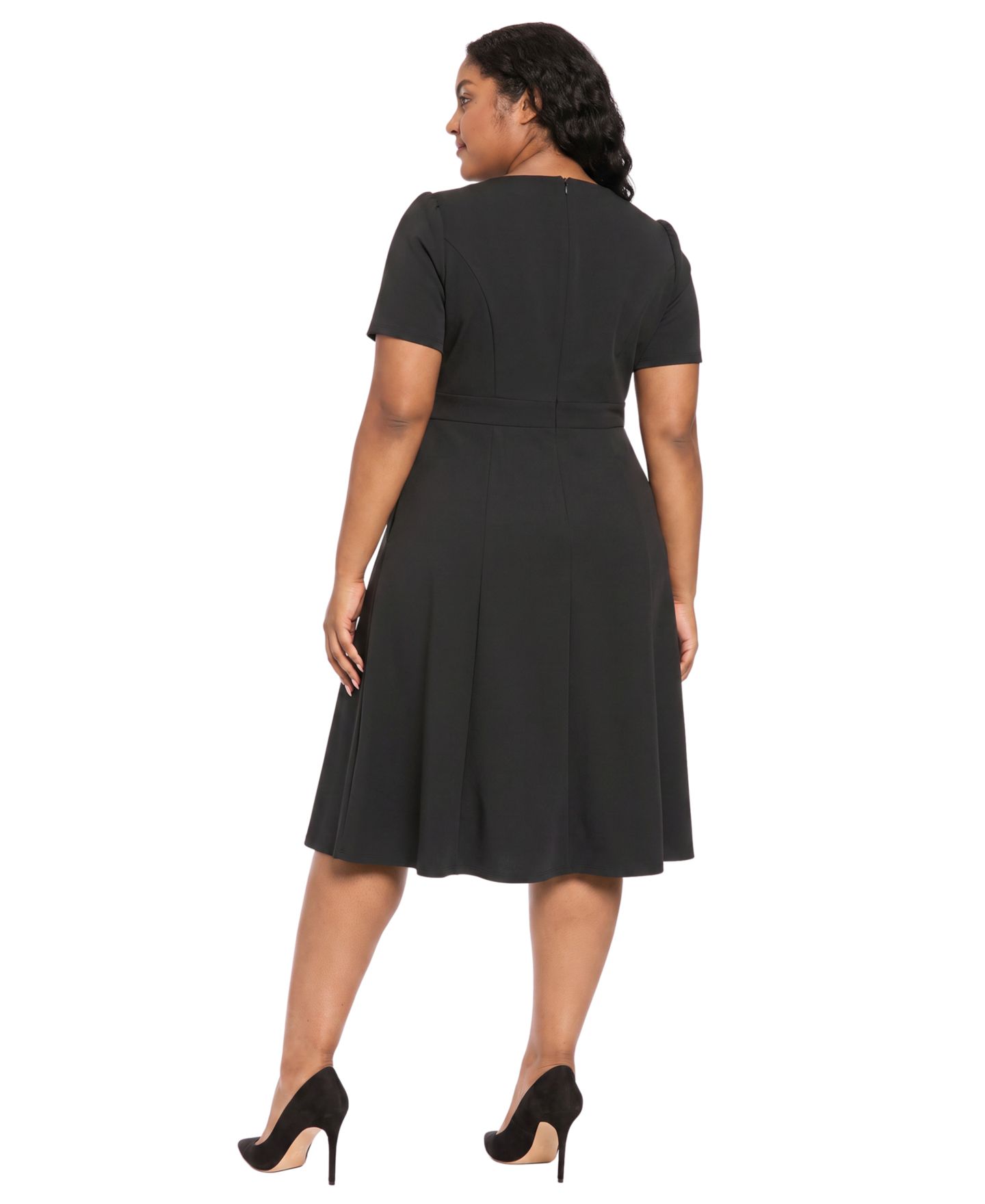Женское платье London Times Plus Size Belted Fit & Flare Boat Neck Short Sleeve, цвет: Чёрный — фото 3