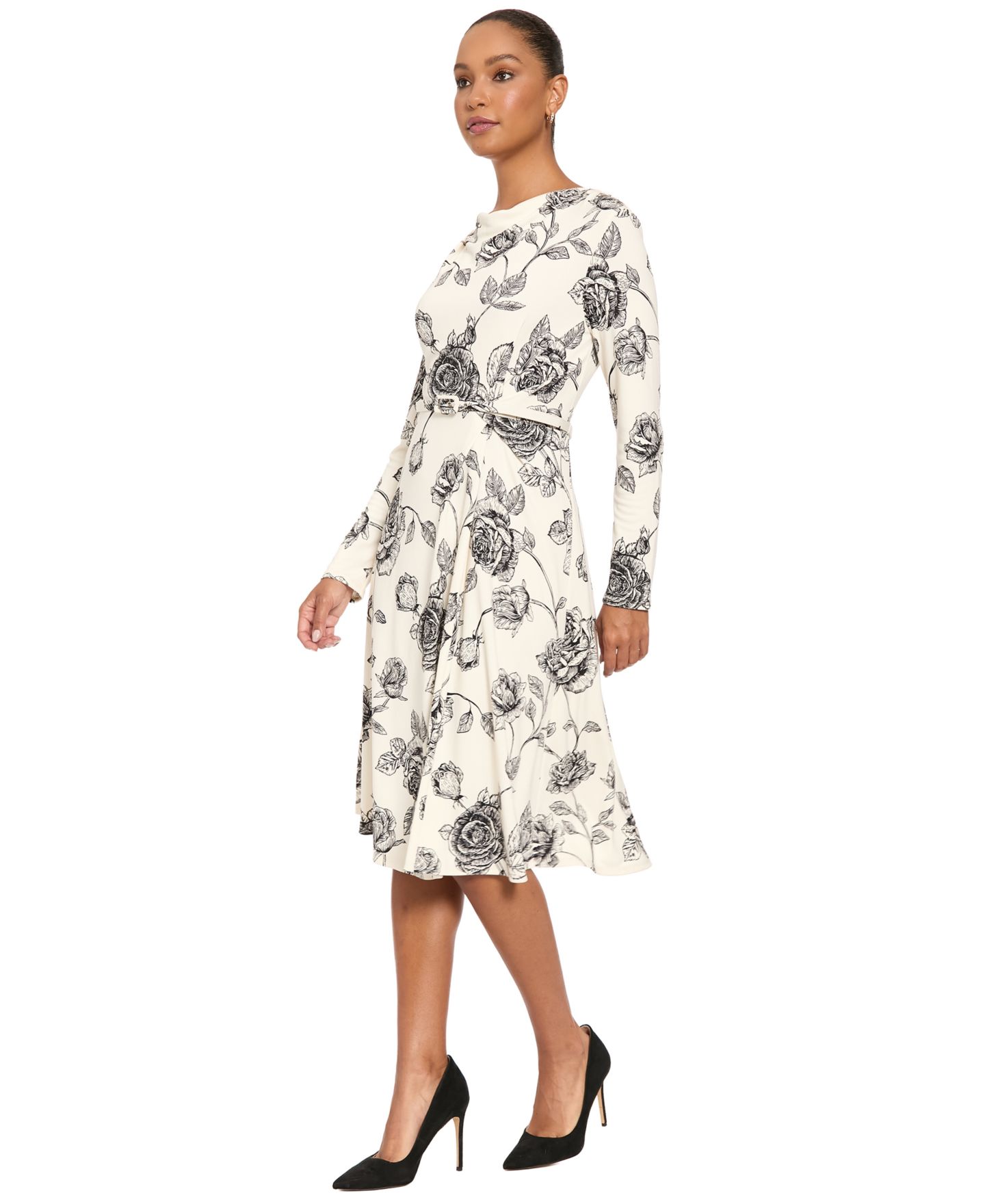 Женское платье London Times Floral-Print Long-Sleeve Cowl Neck Midi, цвет: Слоновая кость — фото 2