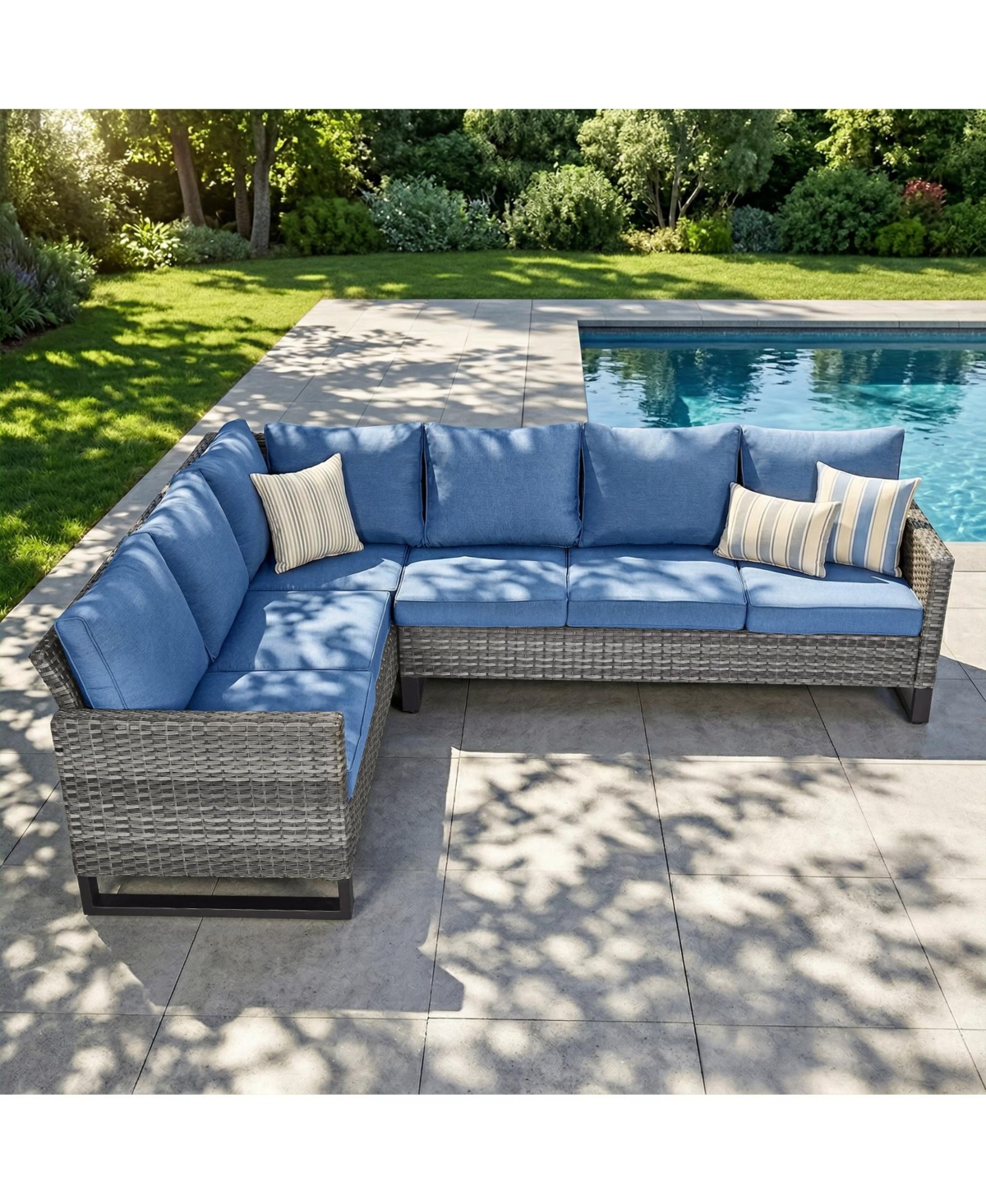 Pocassy 6-Seat Outdoor Sectional Sofa L Shaped Couch Patio Conversation Furniture Set, Wicker with Removable Cushion